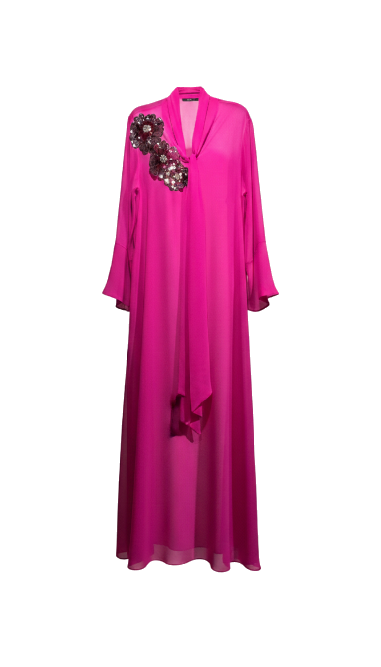 ÜÇ BOYUTLU ÇİÇEK NAKIŞLI FUŞYA ŞİFON KAFTAN