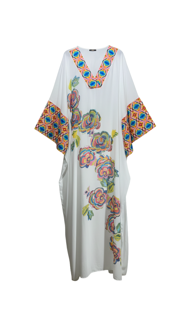 V YAKA FLORAL NAKIŞLI BEYAZ ŞİFON KAFTAN