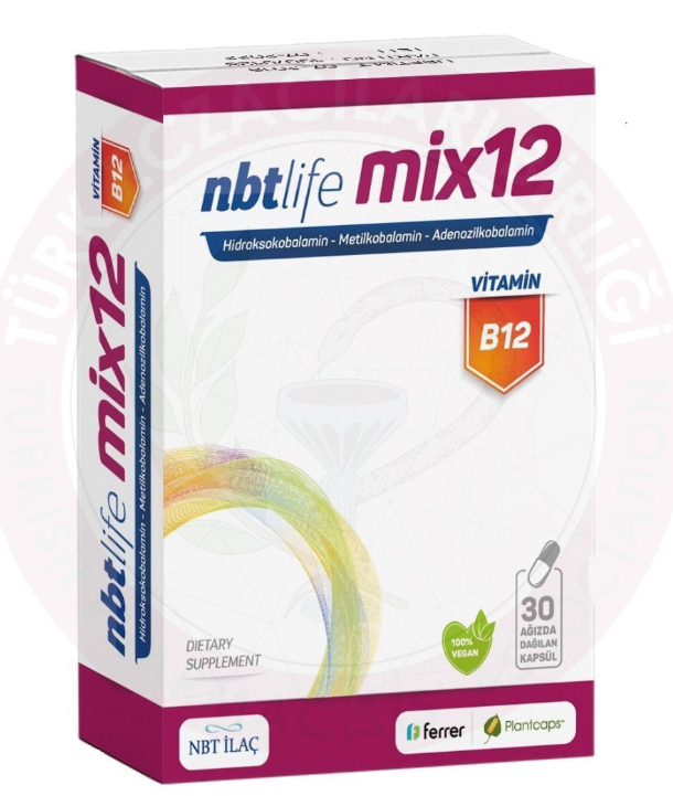 NBTLIFE MIX12 AGIZDA DAGILAN KAPSUL HIDROKSOKOBALAMIN, METILKOBALAMIN, ADENOZILKOBALAMIN ICEREN TAKVIYE EDICI GIDA 30 kapsül