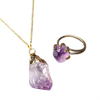 Ametist Kırık Taşı Kolye Yüzük Seti