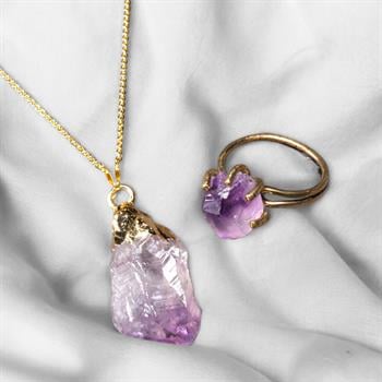 Ametist Kırık Taşı Kolye Yüzük Seti