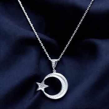 Ay Yıldız Motifli Zirkon Taşlı 925 Ayar Gümüş Kolye