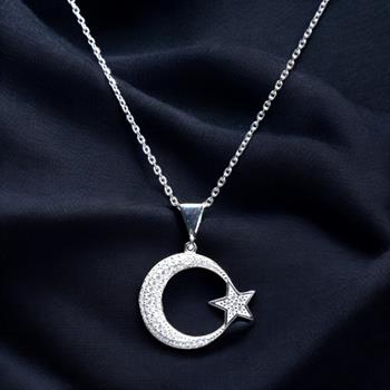 Ay Yıldız Motifli Zirkon Taşlı 925 Ayar Gümüş Kolye