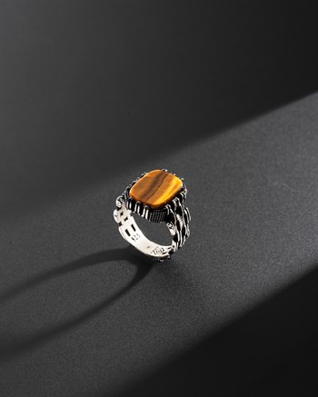Kaplan Gözü Taşlı Zincir Dokulu 925 Ayar Gümüş Yüzük