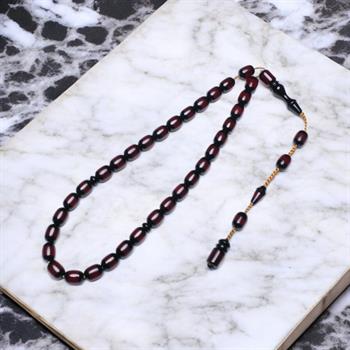 Kapsül Kesim Kırmızı Sıralı Hareli Sıkma Kehribar Tesbih (11x8 mm)