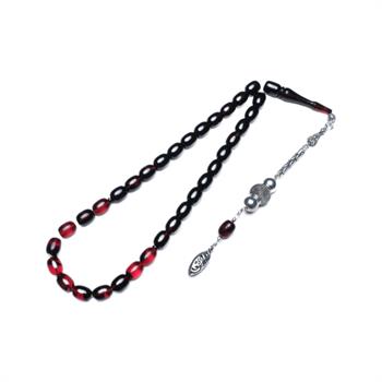 Kırmızı Hareli Kapsül Kesim Siyah Sıkma Kehribarı Tesbih (12x9 mm)