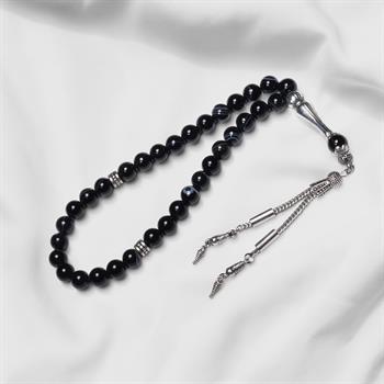 Siyah Damarlı Akik Taşı Tesbih