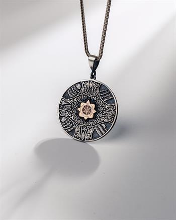 Tevhid ve Koruyucu Sureler İşlemeli Süleyman Mührü 925 Ayar Gümüş Kolye