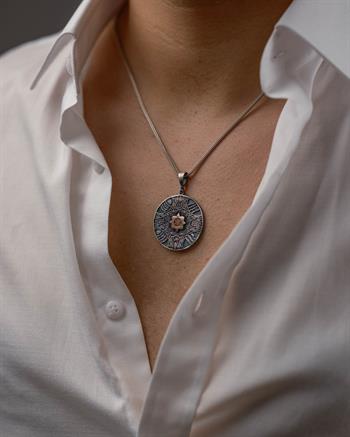 Tevhid ve Koruyucu Sureler İşlemeli Süleyman Mührü 925 Ayar Gümüş Kolye