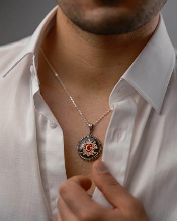 Türk Bayrağı Armalı 925 Ayar Gümüş Kolye (30 mm)