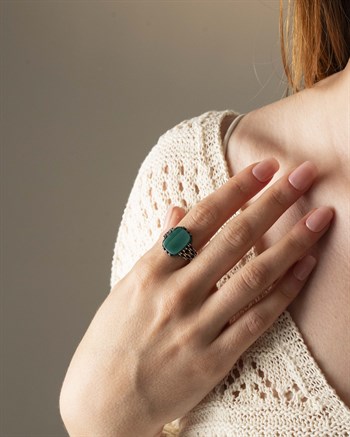 Yeşil Akik Taşlı 925 Ayar Gümüş Yüzük