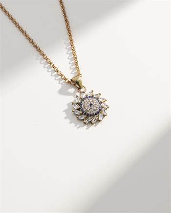 Zirkon Taşlı Güneş Motif Bronz Kolye Küpe Seti