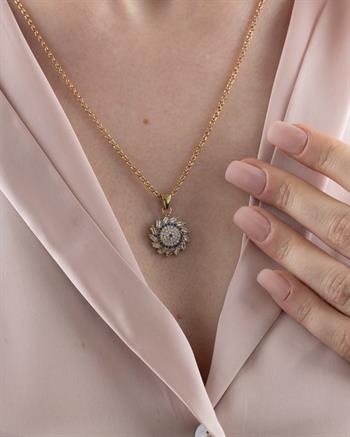 Zirkon Taşlı Güneş Motif Bronz Kolye Küpe Seti