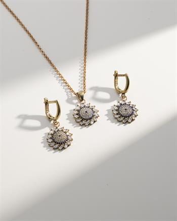 Zirkon Taşlı Güneş Motif Bronz Kolye Küpe Seti