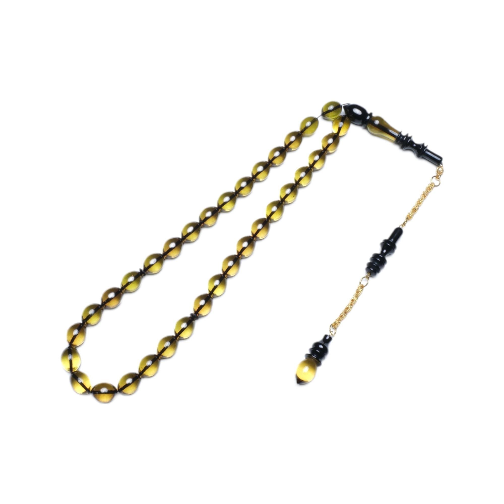 Arpa Kesim Zeytin Yeşili Ateş Kehribarı Tesbih (11x8 mm)