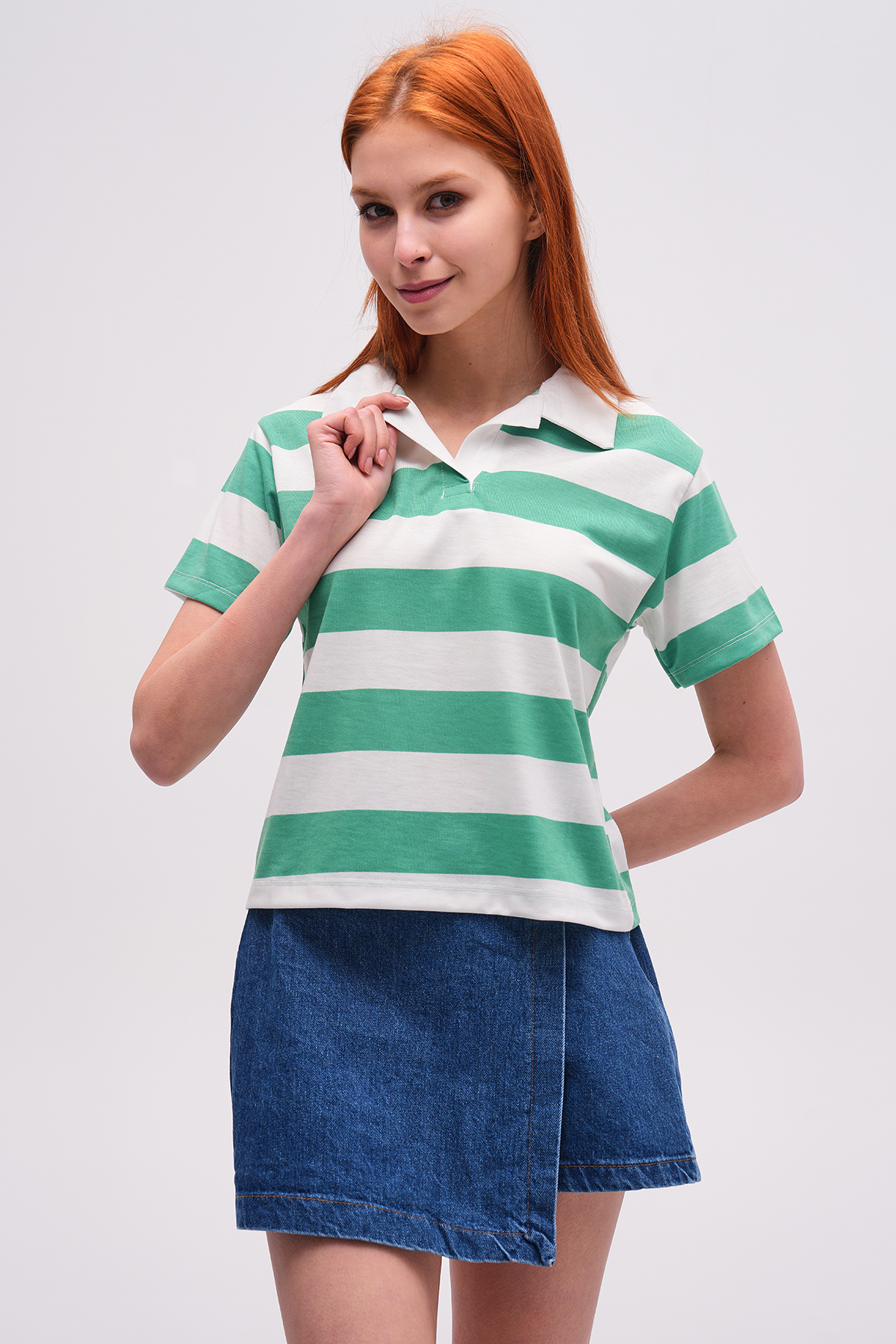 Benetton Kadın Polo Yaka Kalın Çizgili T-Shirt