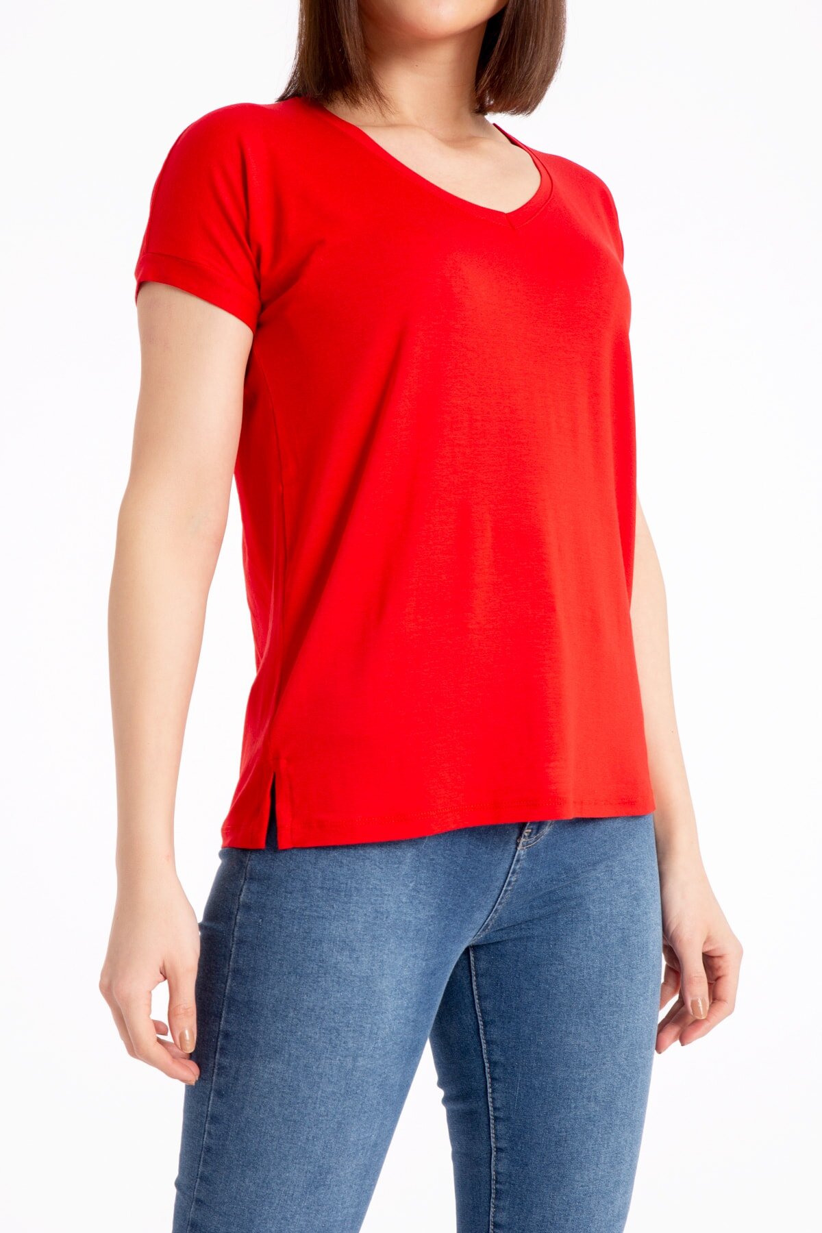 Kırmızı Kadın V Yaka Salaş T-ShirtT-ShirtGiysa