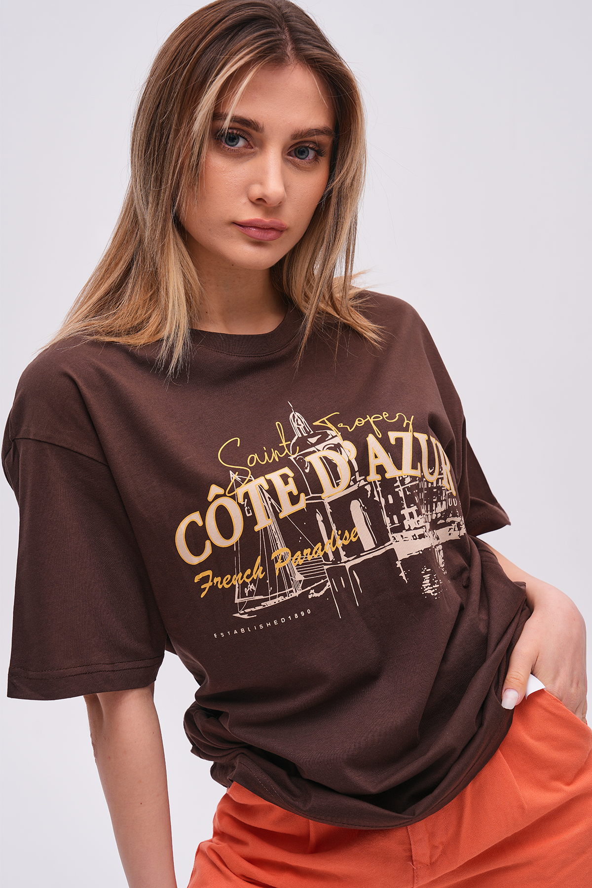 Kahverengi Kadın %100 Pamuk Cotedazur Baskılı Oversize T-Shirt