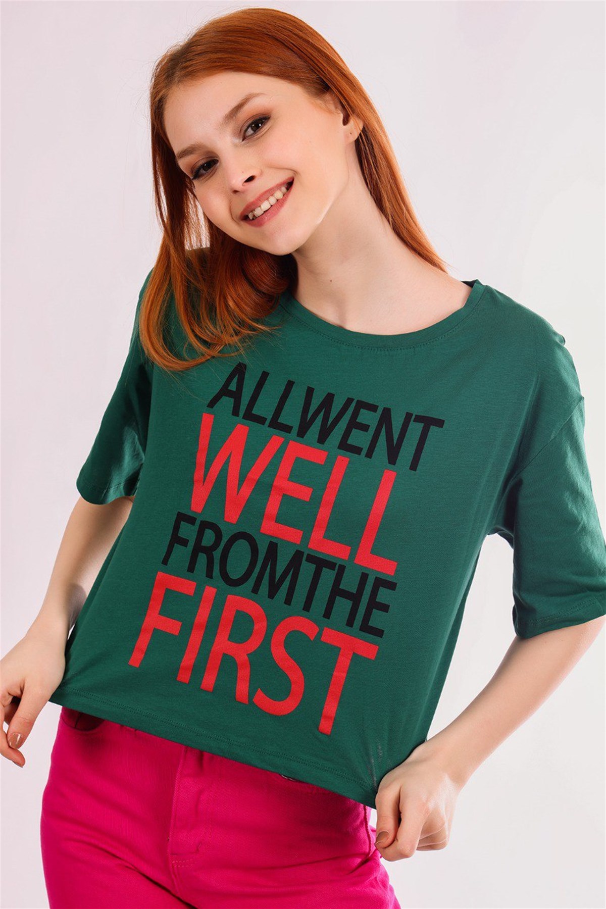 K.Yeşil Kadın Allwent Baskılı Salaş T-ShirtT-ShirtGiysa