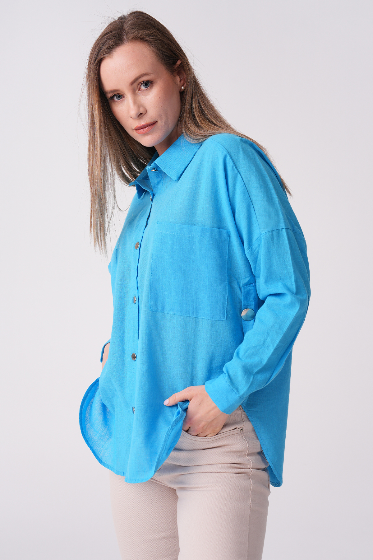 Mavi Kadın Yanı Düğmeli %100 Pamuklu Oversize Gömlek