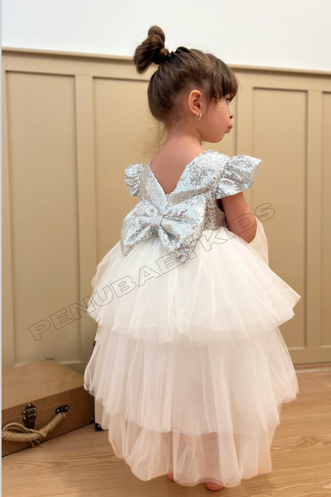 Beyaz Payetli Tül Etekli Kız Bebek Elbise - Elizabeth