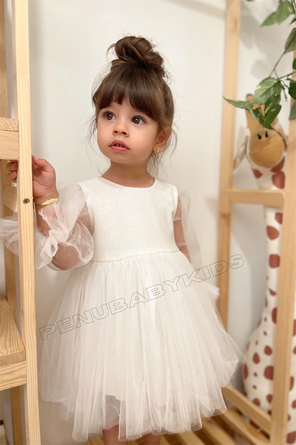 Beyaz Uzun Tül Kol Detaylı Tütülü Kız Bebek Elbise - Cinderella