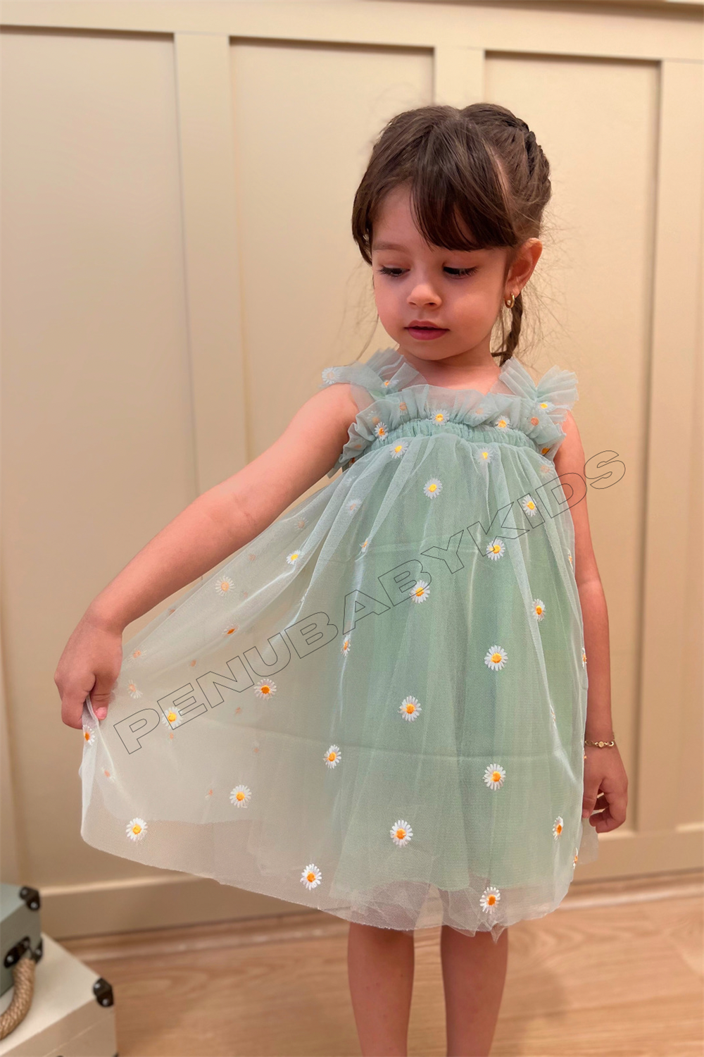 Yeşil Papatya İşlemeli Askılı Kız Bebek Elbise - Daisy