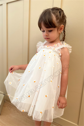  Beyaz Papatya İşlemeli Askılı Kız Bebek Elbise - Daisy