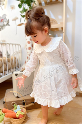 Beyaz Fistolu Uzun Kol Kız Bebek Elbise - Angel