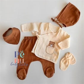 Kahverengi Ayılı Müslin 5'li Takım - Bear