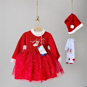 Kırmızı Külotlu Çoraplı Şapkalı 3'lü Takım Yılbaşı Elbisesi - Noel 🎄