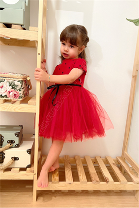 Kırmızı Puantiyeli Tütülü Kısa Kol Kız Bebek Elbise - Emily