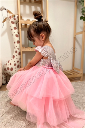 Pembe Payetli Kısa Kol Tül Etekli Kız Bebek Elbise - Elizabeth