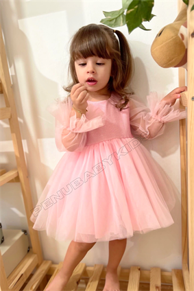 Pembe Uzun Tül Kol Detaylı Tütülü Kız Bebek Elbise - Cinderella