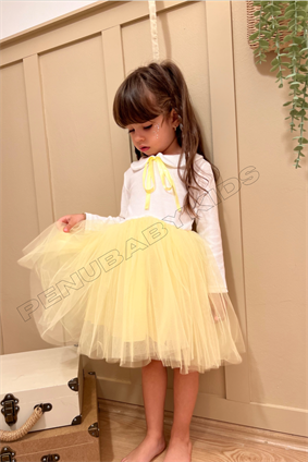 Sarı Bebe Yaka Kurdele Bağlamalı Uzun Kol Kız Bebek Elbisesi - Heidi 