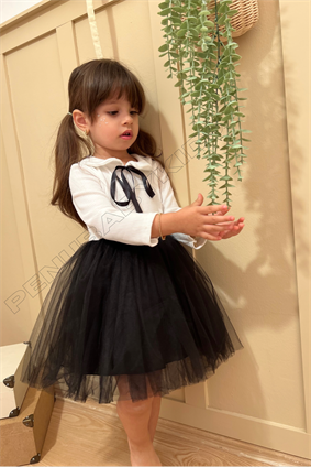 Siyah Bebe Yaka Kurdele Bağlamalı Uzun Kol Kız Bebek Elbisesi - Heidi 
