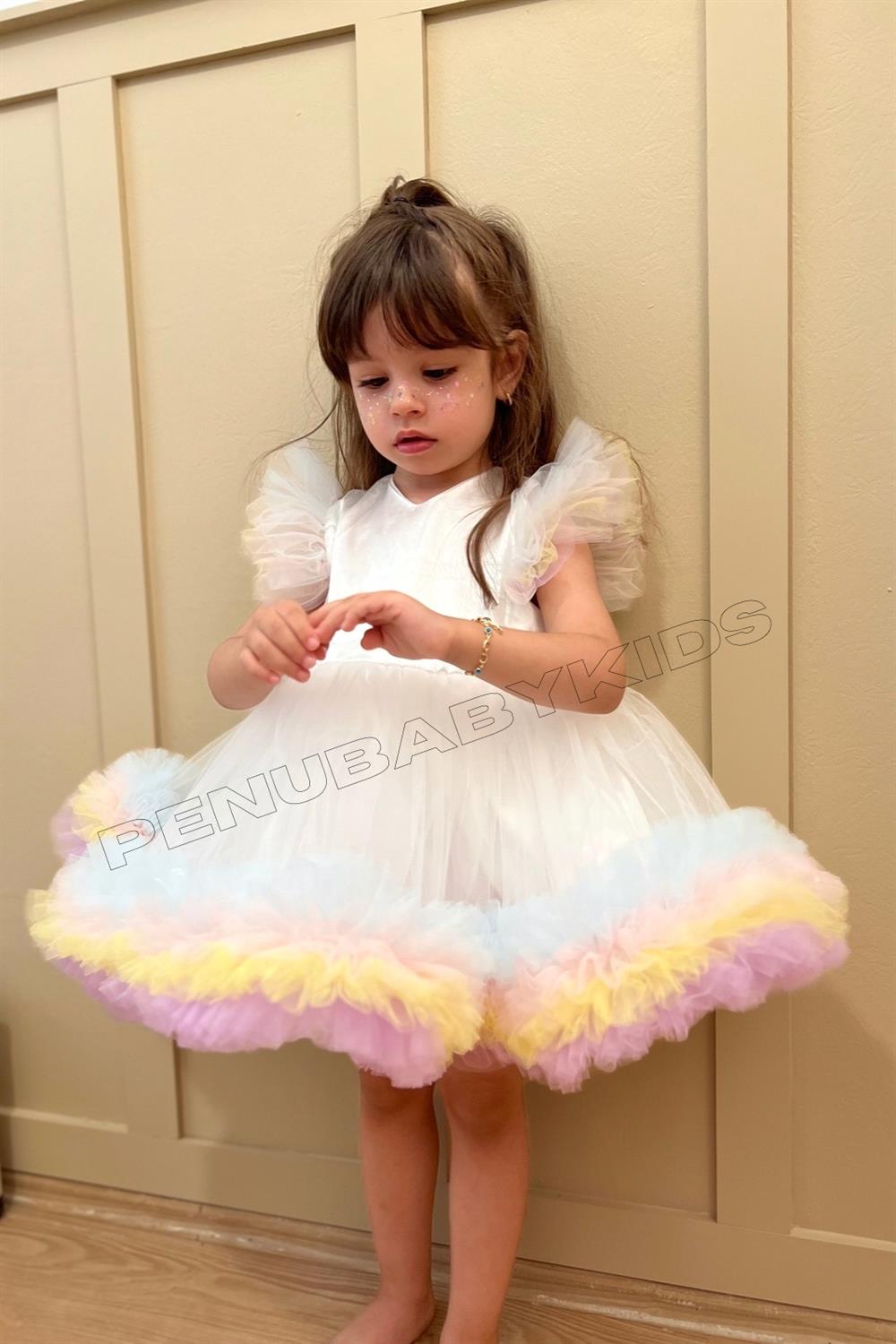 Beyaz Karnaval Renkli Tül Detaylı Kız Bebek Elbise - Alice