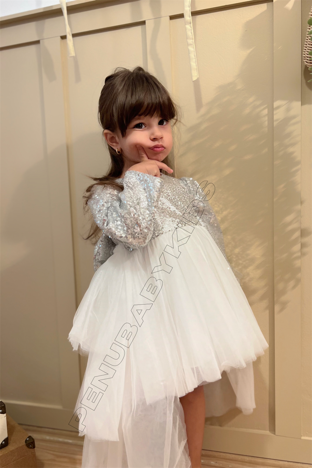 Beyaz Payetli Uzun Kol Tül Etekli Kız Bebek Elbise - Elizabeth