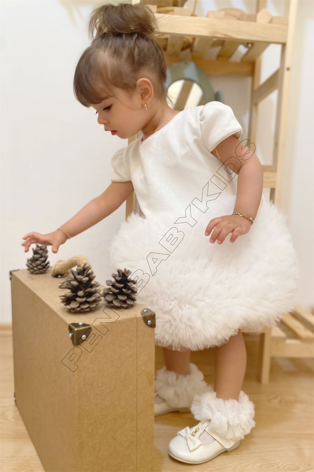 Beyaz Tütülü Kısa Kol Kız Bebek Elbise - Princess