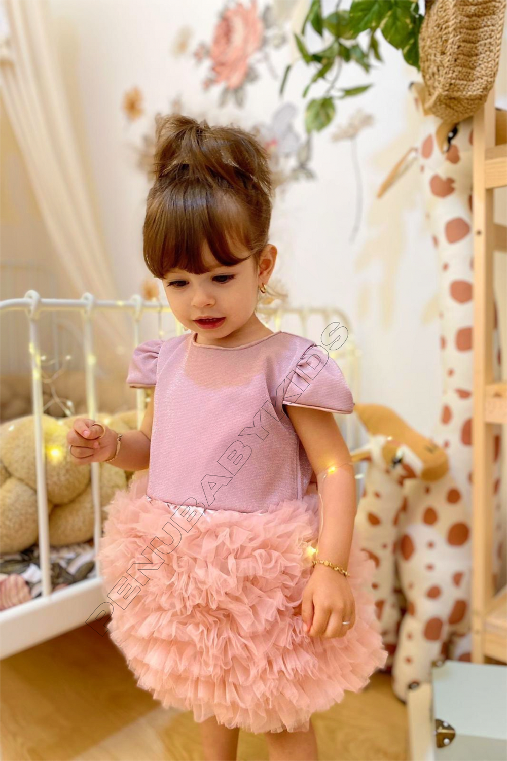 Gül Kurusu Tütülü Kısa Kol Kız Bebek Elbise - Princess