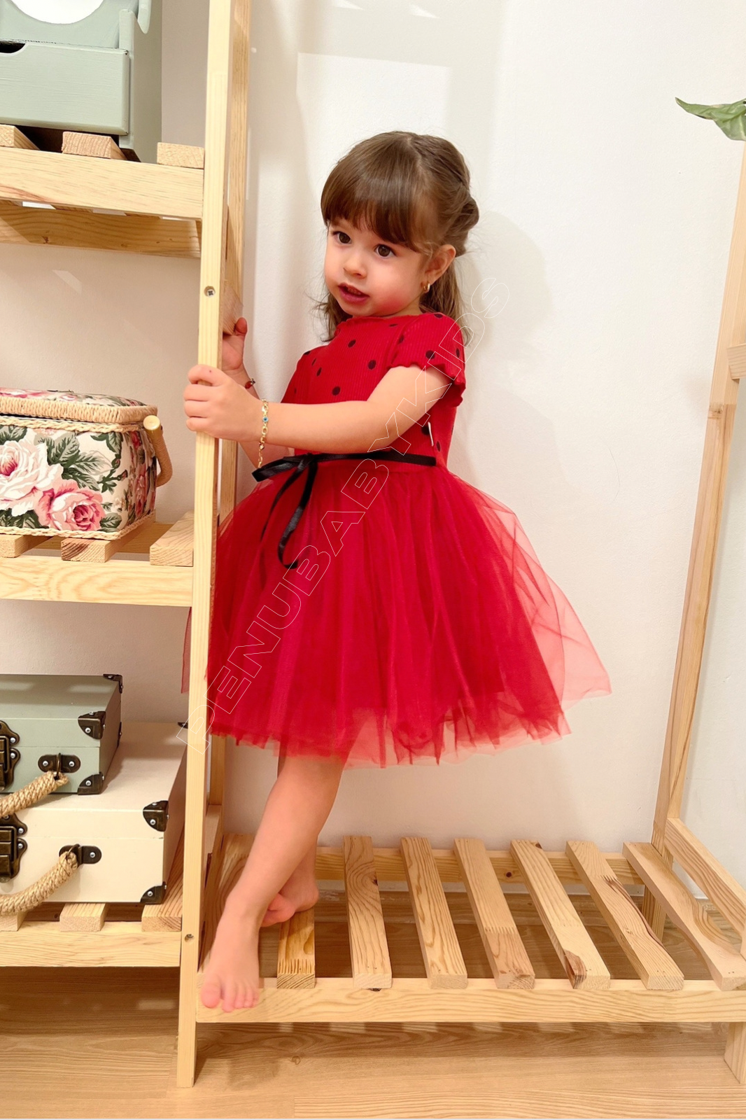 Kırmızı Puantiyeli Tütülü Kısa Kol Kız Bebek Elbise - Emily