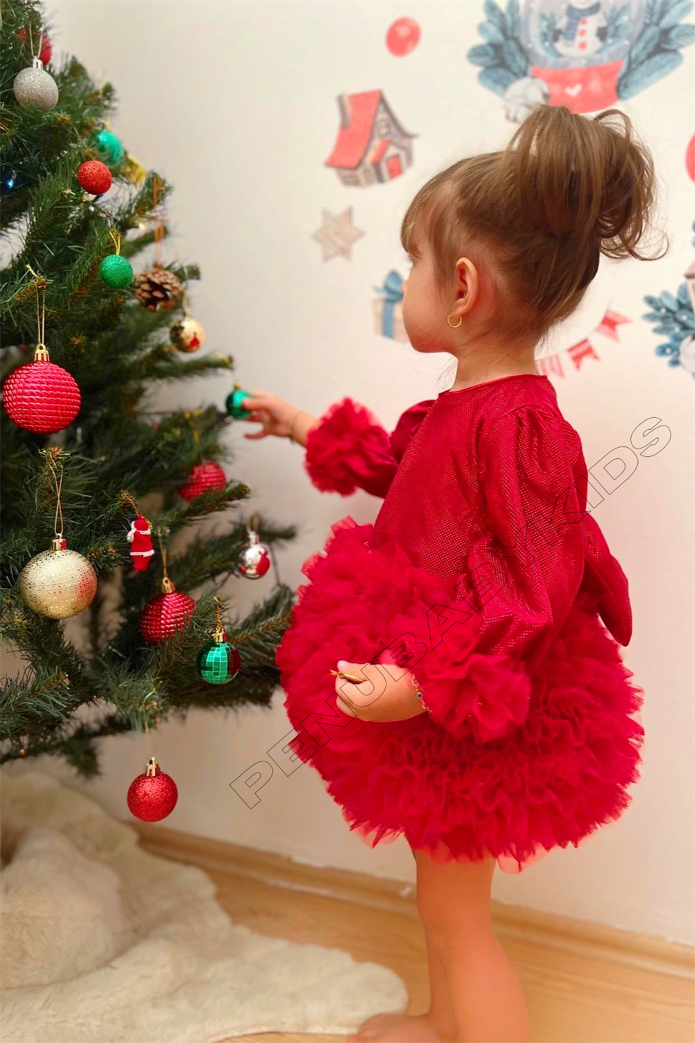 Kırmızı Tütülü Uzun Kol Kız Bebek Elbise - Princess