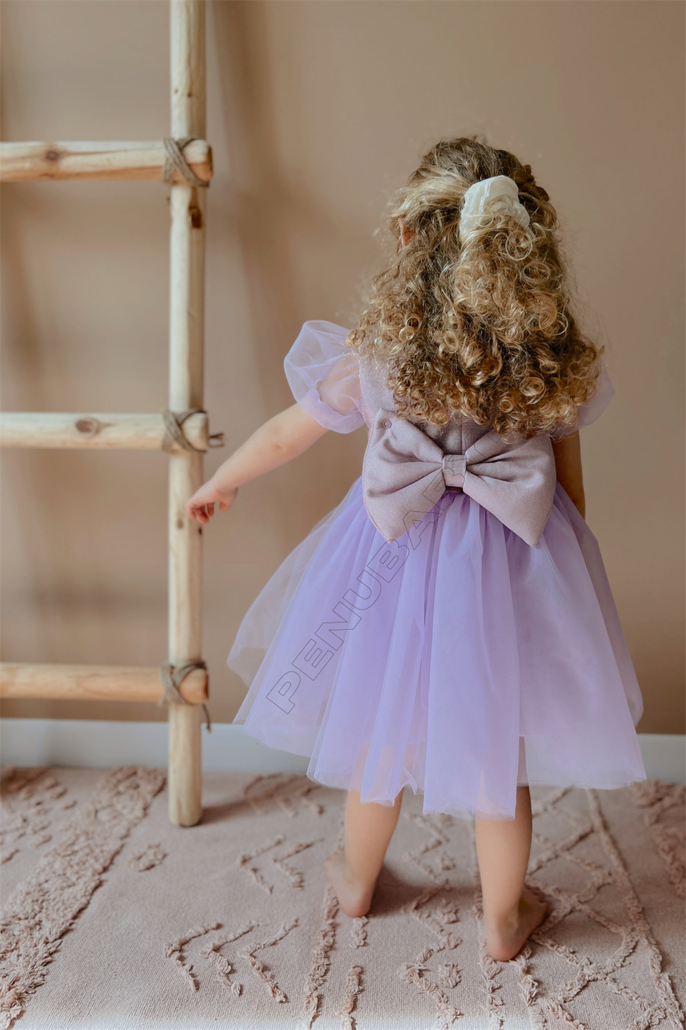 Mor Kısa Balon Tül Kol Detaylı Tütülü Kız Bebek Elbise - Cinderella