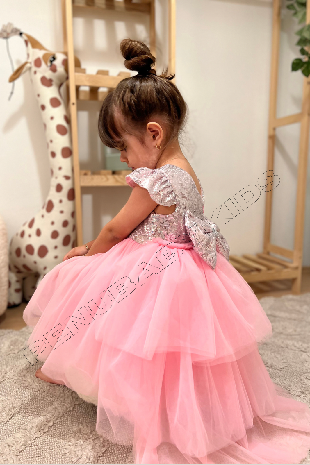 Pembe Payetli Kısa Kol Tül Etekli Kız Bebek Elbise - Elizabeth