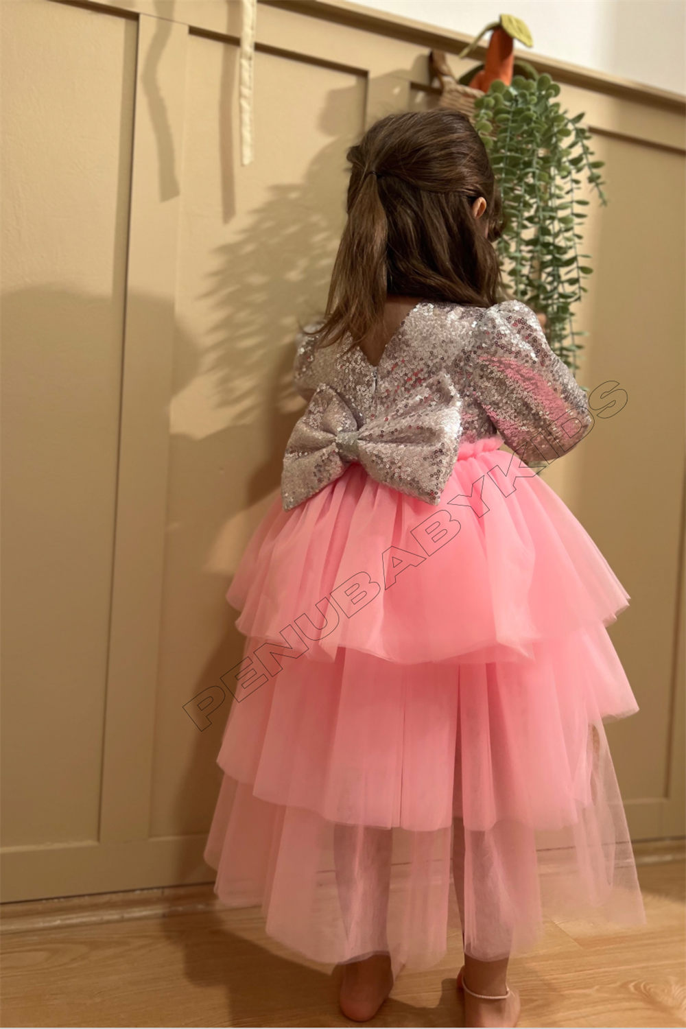 Pembe Payetli Uzun Kol Tül Etekli Kız Bebek Elbise - Elizabeth