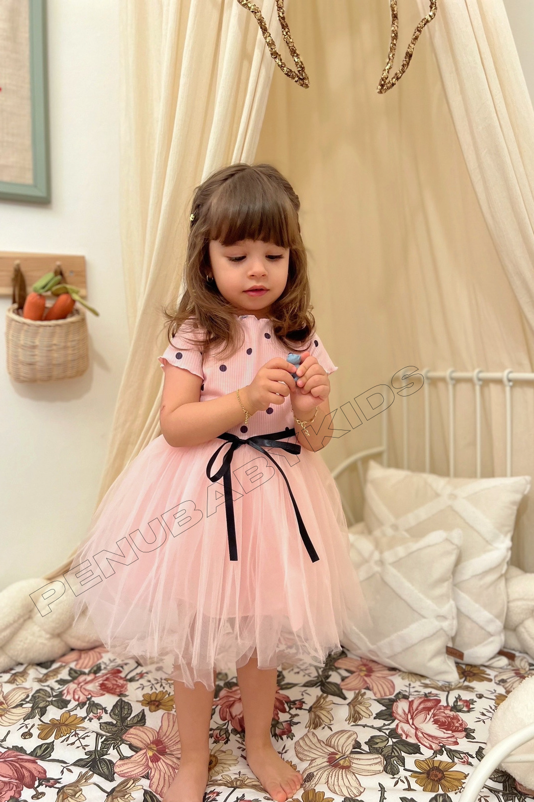 Pembe Puantiyeli Tütülü Kız Bebek Elbise - Emily