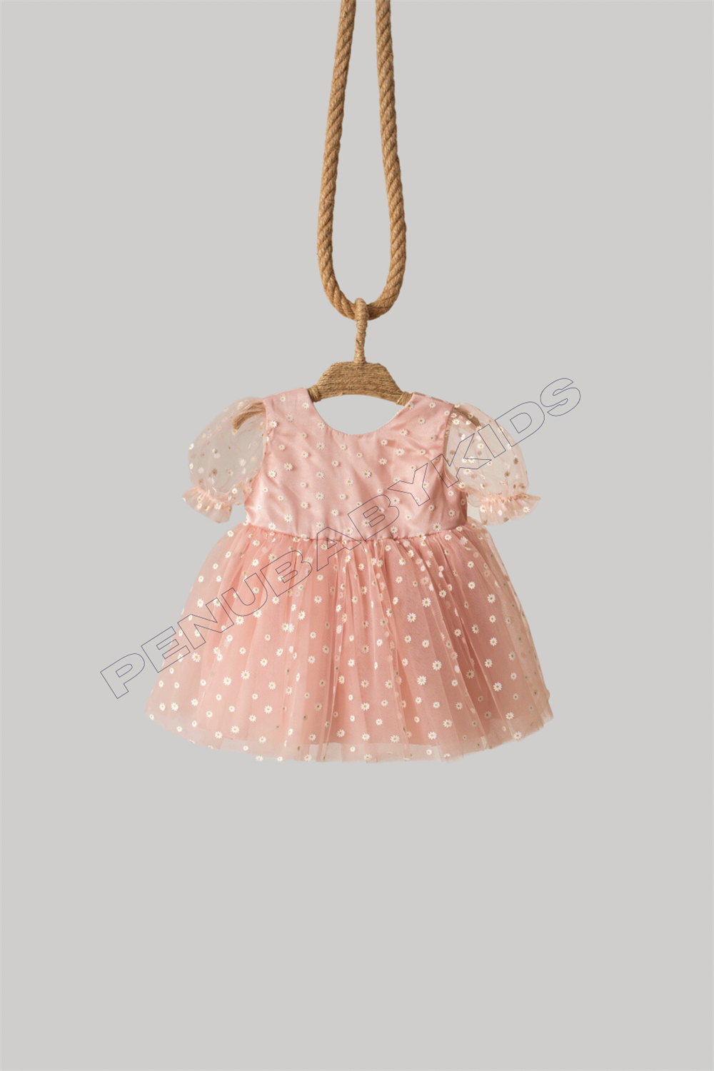 Pudra Pembe Çiçek Desenli Tül Kısa Kol Kız Bebek Elbise - Flower