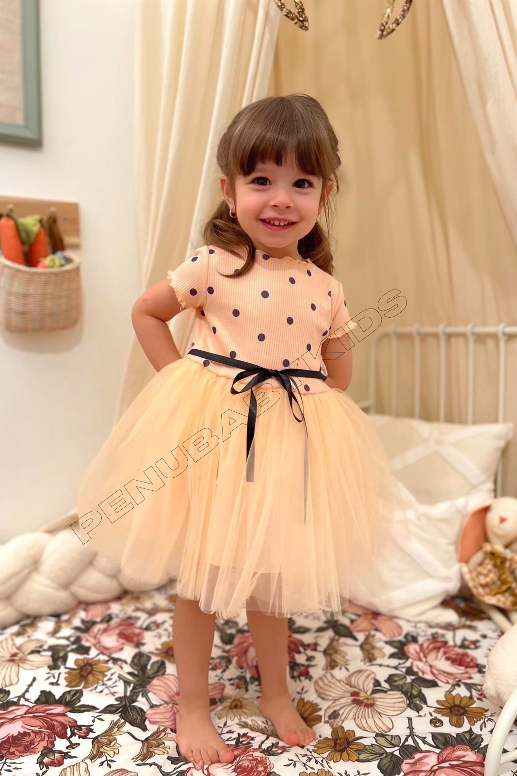 Somon Puantiyeli Tütülü Kız Bebek Elbise - Emily