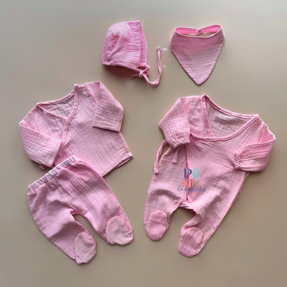 Toz Pembe 5 Parça Müslin Yenidoğan Takım - Hastane Çıkışı 