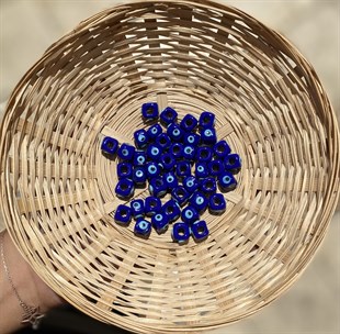 Lacivert 4 Gözlü Kare Murano Cam Boncuk